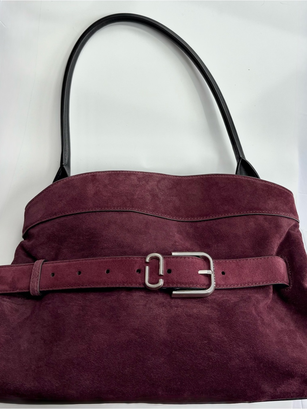 Marc Jacobs Plum Suede Belt-Front Shoulder Bag with Black Handles